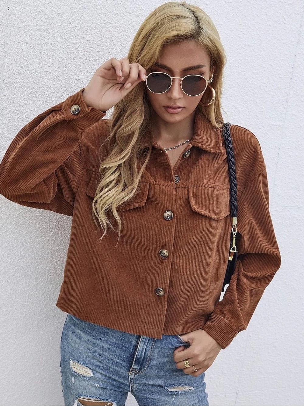 Corduroy Button-Front Jacket - Brown XL - Picture 2 of 7